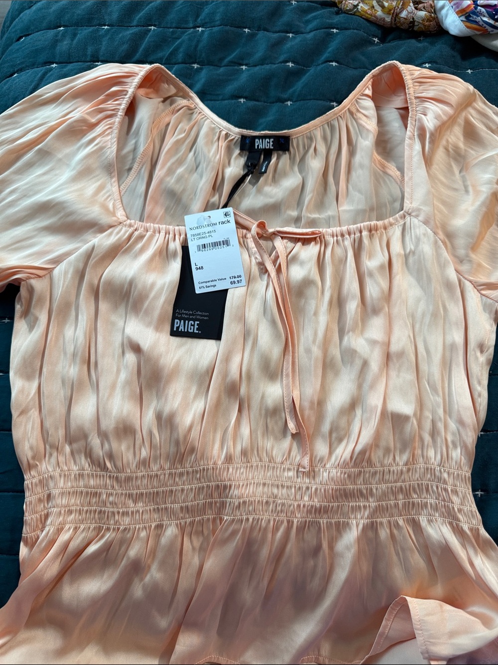 PAIGE Peach Tie-Neck Peasant Blouse
